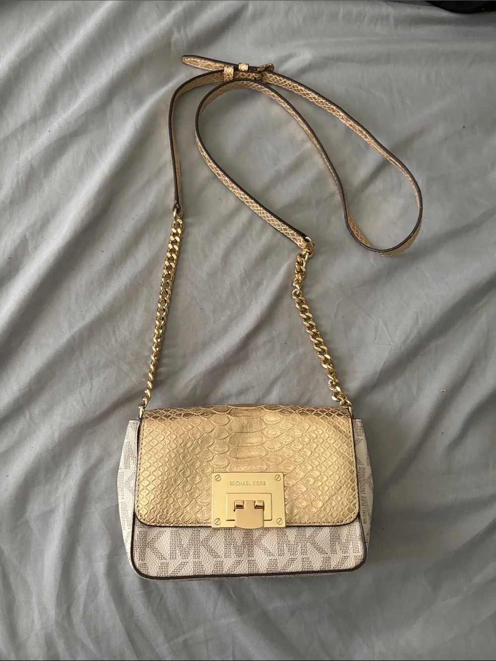 Michael Kors Gold Metallic & Beige Monogram Crossbody